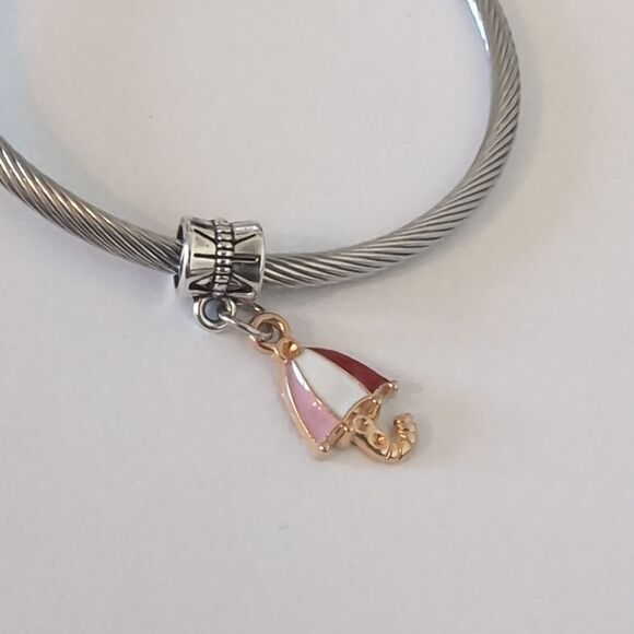 Gold Red Pink Umbrella Dangle Charm for Pandora Style Bracelet - Picture 2 of 4